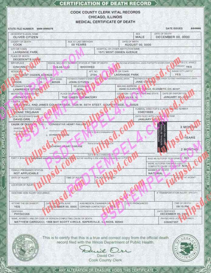 USA illinois death certificate psd