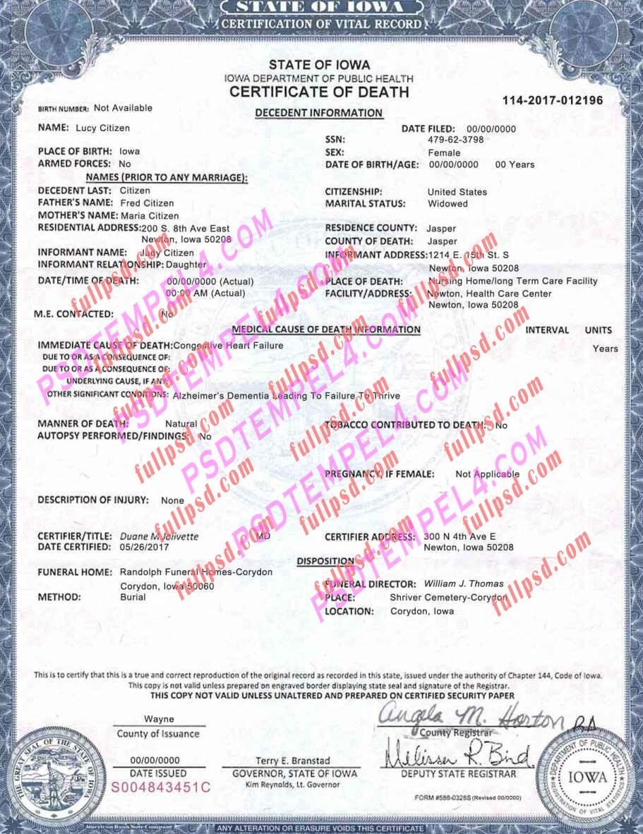 USA iowa death certificate psd