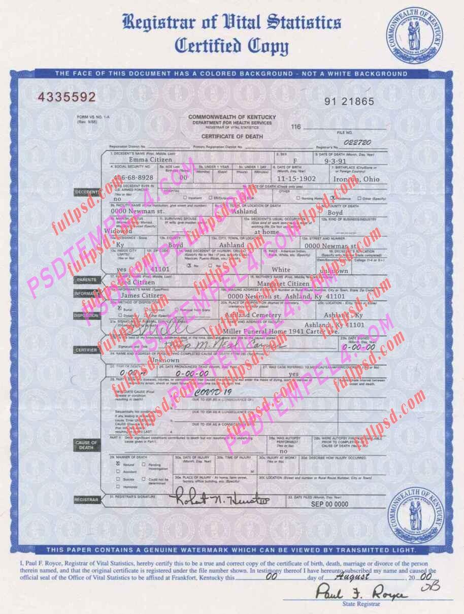 USA kentucky death certificate psd
