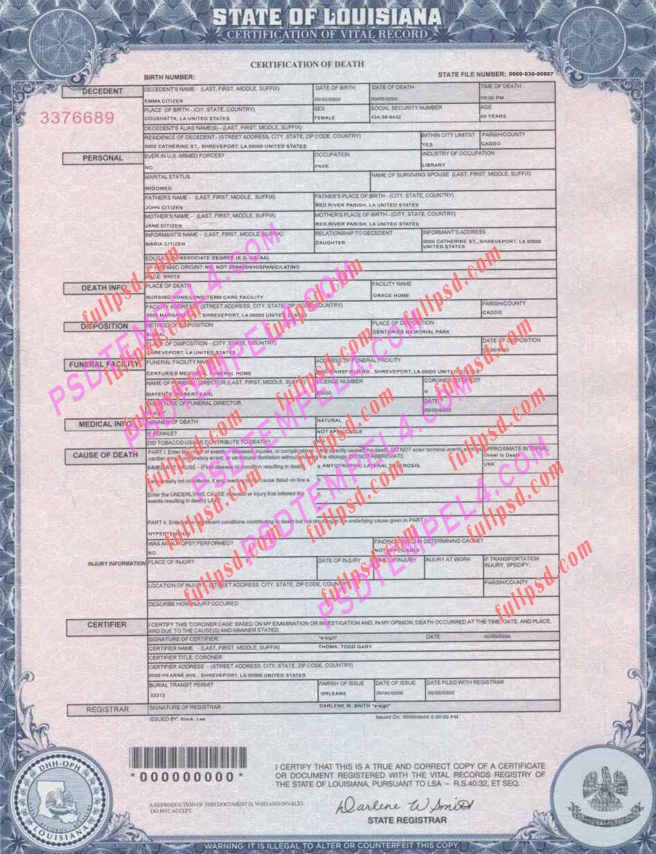 USA louisiana death certificate psd