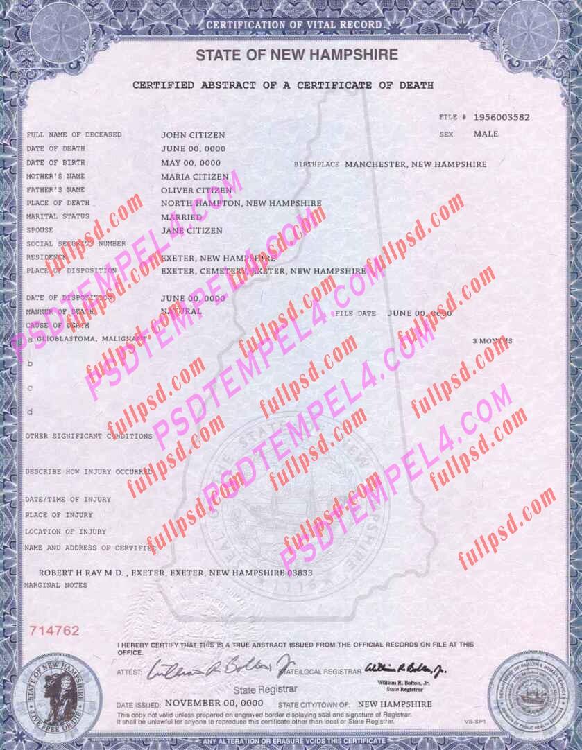 USA new hampshire death certificate psd