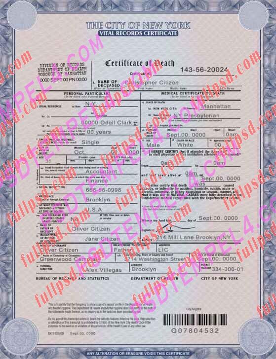 USA new york death certificate psd