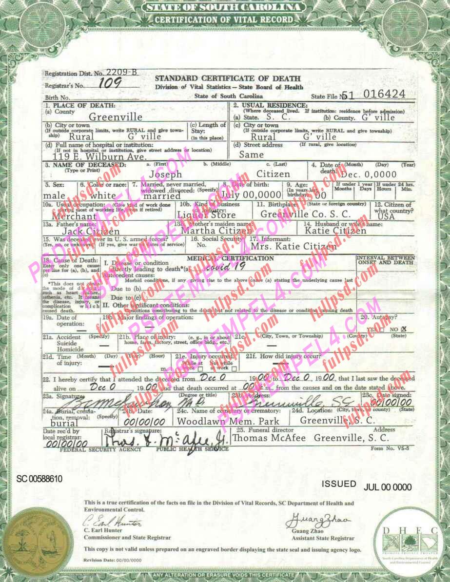 USA south carolina death certificate psd