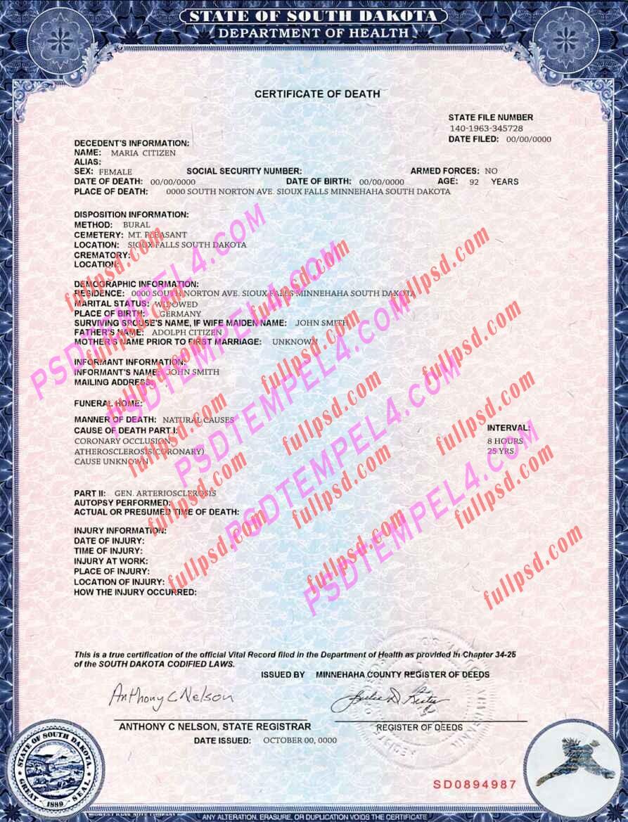 USA south dakota death certificate psd