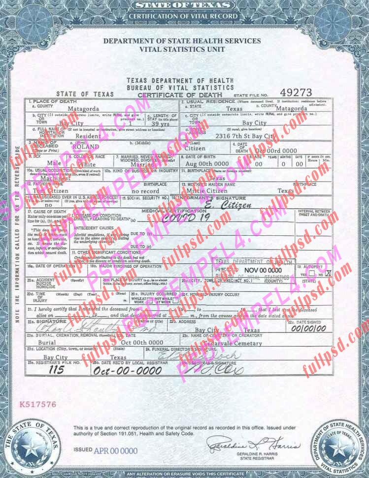 USA texas death certificate V2 psd