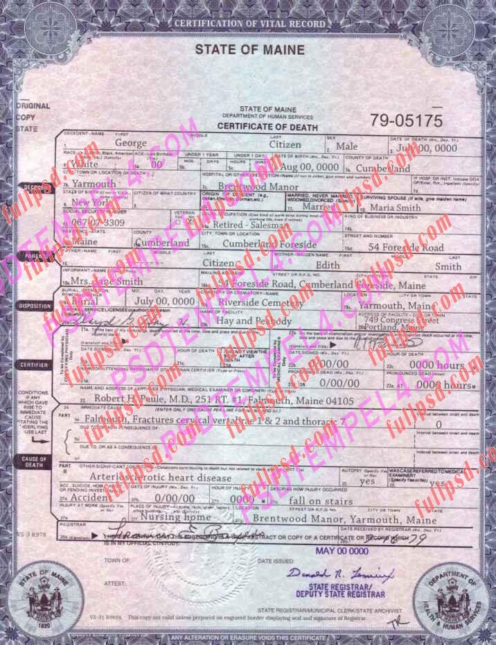USA maine death certificate psd