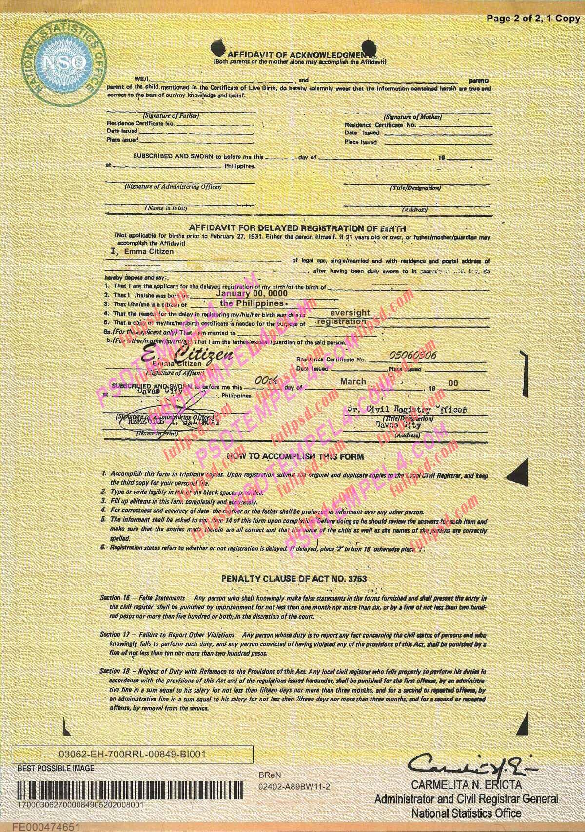 Philippines Birth certificate V1 PSD