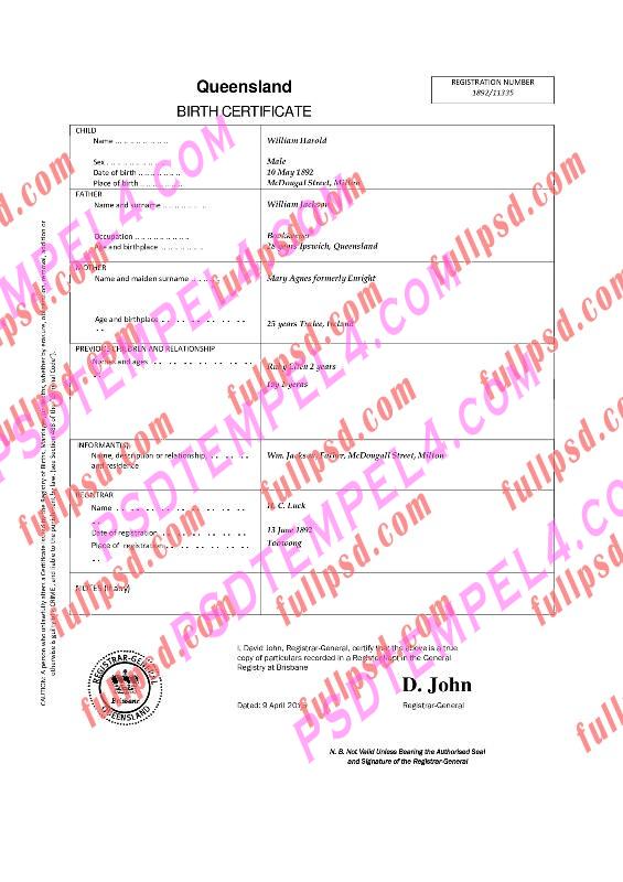 Australia queensland Birth certificate pdf and word