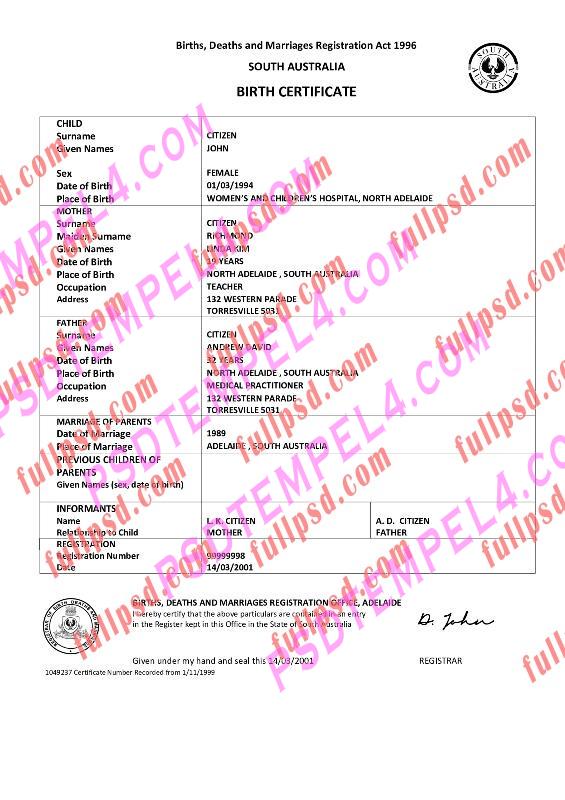 Australia south Birth certificate pdf and word