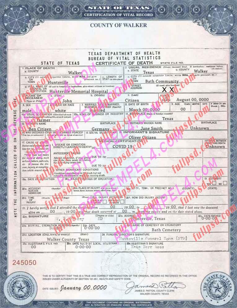 USA texas death certificate V1 psd