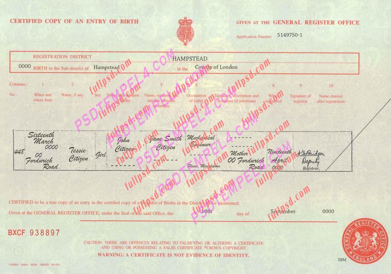 United Kingdom Birth certificate V1 PSD