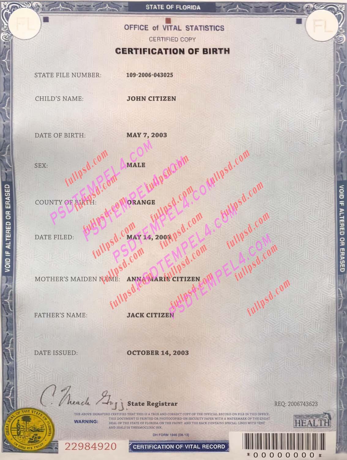 USA florida Birth certificate PSD