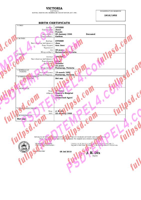 Australia victoria Birth certificate pdf and word